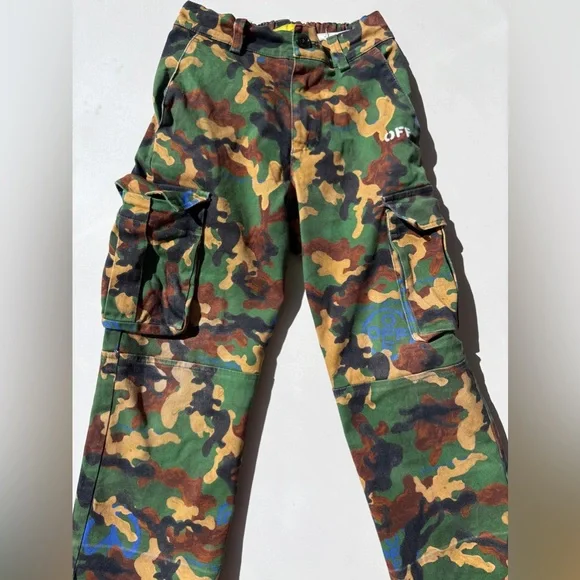 $505 Off White Kids Boys Camo Camouflage Print Khaki Cargo Pants Trousers Size 6
